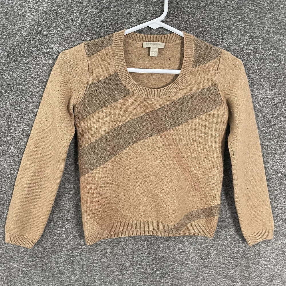Burberry Brit Sweater Womens XS Beige Wool Cashmere Crewneck Check Plaid Knit